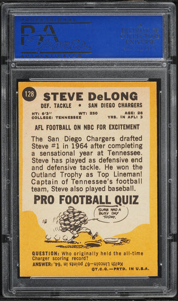 1967 Topps FB Card #128 Steve DeLong San Diego Chargers HOF PSA NM-MT 8 (MGD2)
