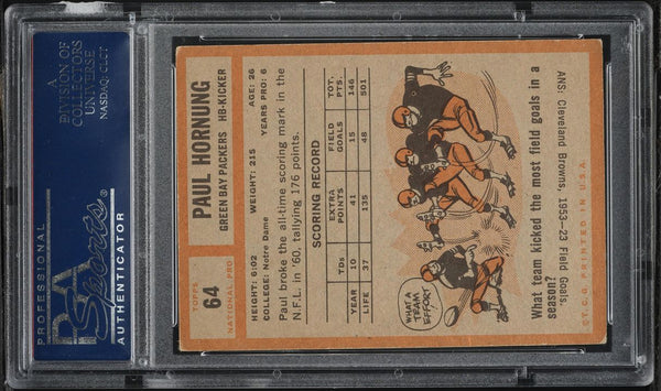 1962 Topps FB Card # 64 Paul Hornung Green Bay Packers HOF SP PSA 4 VGEX (MGD2)