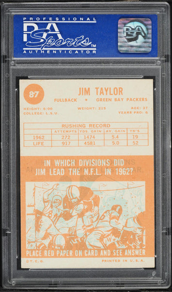 1963 Topps FB Card # 87 Jim Taylor Green Bay Packers HOF PSA 6 EXMT (MGD2)