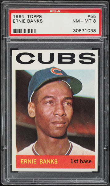 1964 Topps BB Card # 55 Ernie Banks Chicago Cubs HOF PSA 8 NM-MT (MGD2)