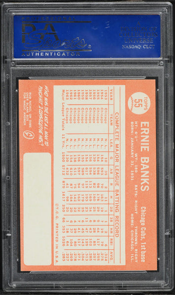 1964 Topps BB Card # 55 Ernie Banks Chicago Cubs HOF PSA 8 NM-MT (MGD2)