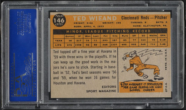 1960 Topps BB Card #146 Ted Wieand Cincinnati Reds ROOKIE RC PSA 8 NM-MT (MGD2)