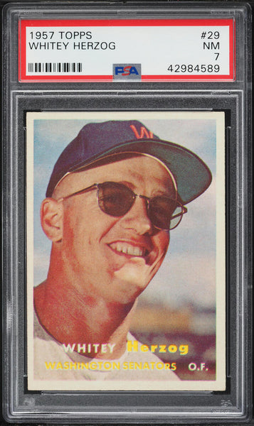 1957 Topps BB Card # 29 Whitey Herzog Washington Senators HOF ROOKIE RC PSA 7 (MGD2)