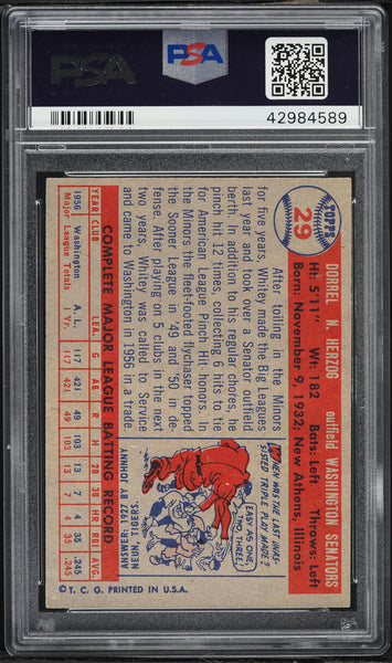 1957 Topps BB Card # 29 Whitey Herzog Washington Senators HOF ROOKIE RC PSA 7 (MGD2)