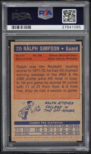 1972 Topps BkB Card #235 Ralph Simpson Denver Rockets PSA 8 NM-MT (MGD2)