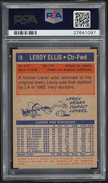 1972 Topps BkB Card # 18 Leroy Ellis Los Angeles Lakers PSA 8 NM-MT (MGD2)