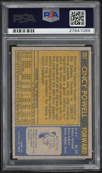 1971 Topps BkB Card #207 Cincy Powell Kentucky Colonels ROOKIE RC PSA 8 NM-MT (MGD2)