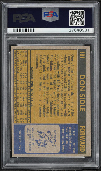 1971 Topps BkB Card #161 Don Sidle Indiana Pacers ROOKIE RC PSA 8 NM-MT (MGD2)