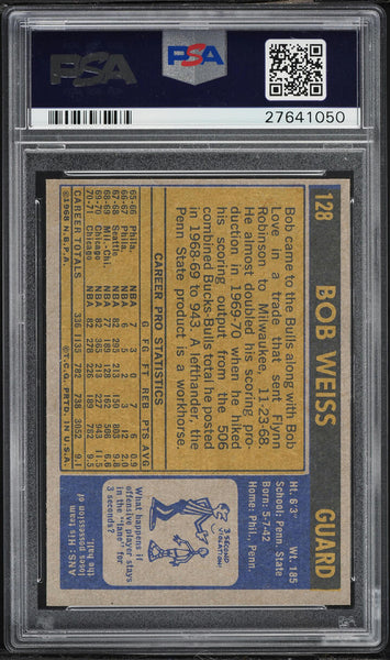 1971 Topps BkB Card #128 Bob Weiss Chicago Bulls PSA 9 MINT (MGD2)