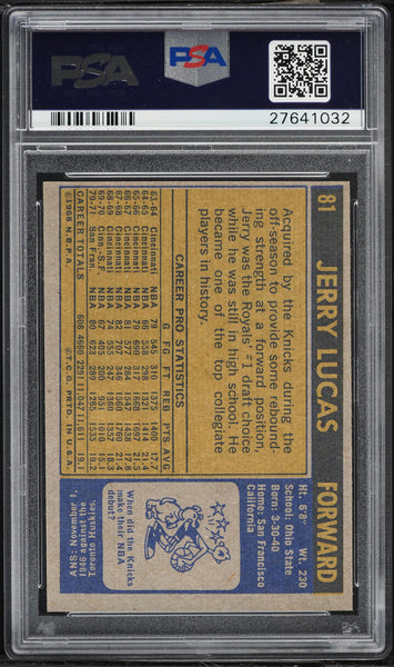 1971 Topps BkB Card # 81 Jerry Lucas New York Knicks HOF PSA 9 MINT (MGD2)