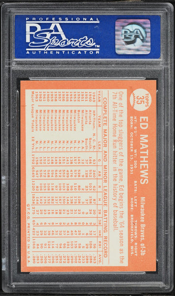 1964 Topps BB Card # 35 Eddie Mathews Milwaukee Braves HOF PSA 8 NM-MT (MGD2)