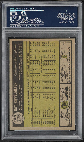 1961 Topps BB Card #276 Ray Rippelmeyer Cincinnati Reds ROOKIE RC PSA 8 NM-MT (MGD2)