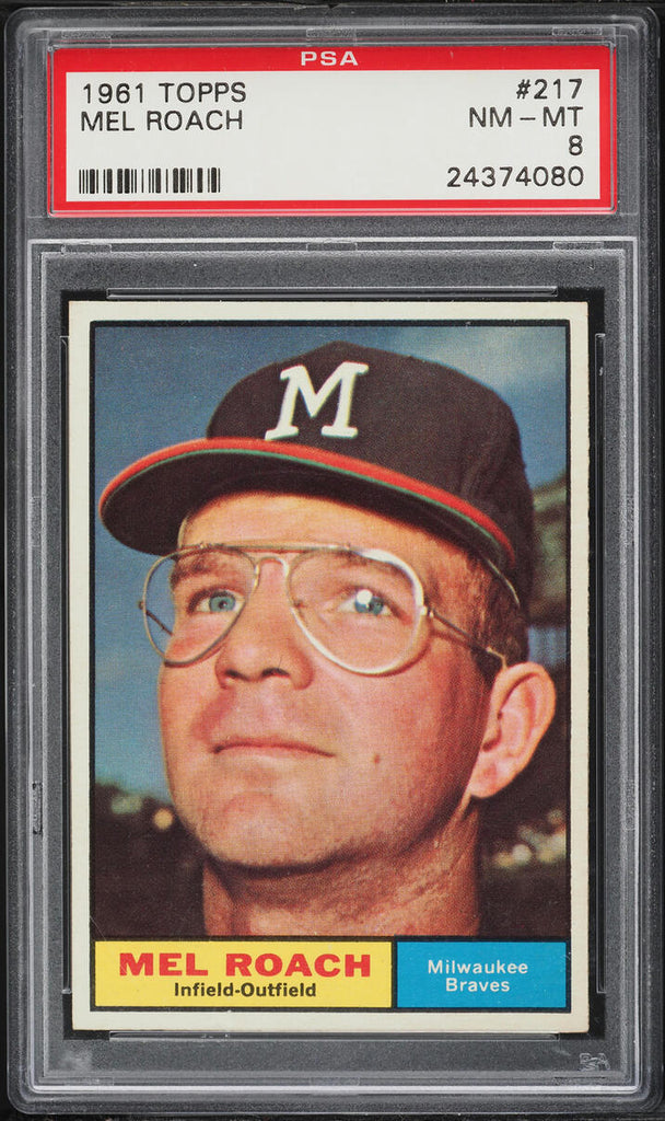 1961 Topps BB Card #217 Mel Roach Milwaukee Braves PSA 8 NM-MT (MGD2)