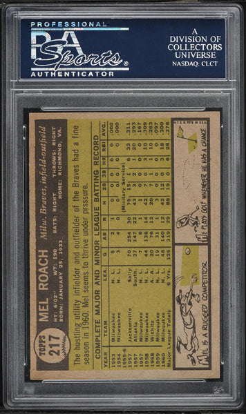 1961 Topps BB Card #217 Mel Roach Milwaukee Braves PSA 8 NM-MT (MGD2)