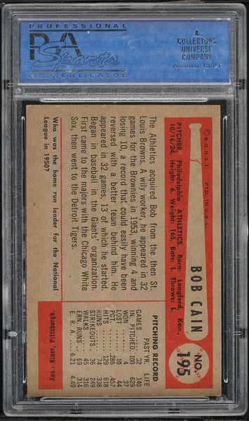 1954 Bowman BB Card #195 Bob Cain Philadelphia Athletics PSA 8 NM-MT (MGD2)