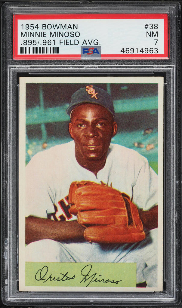 1954 Bowman BB Card # 38 Minnie Minoso .895 .961 FIELD AVERAGE ERR HOF PSA 7 (MGD2)