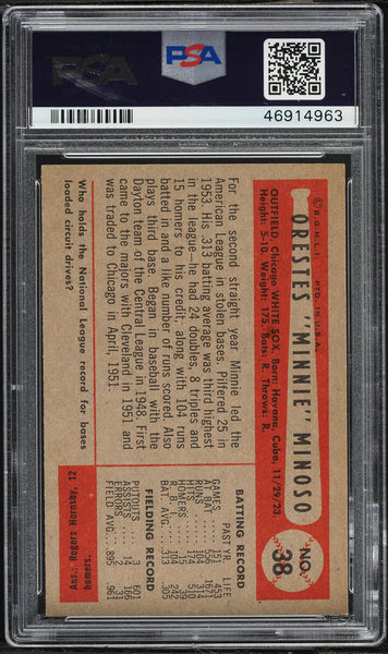 1954 Bowman BB Card # 38 Minnie Minoso .895 .961 FIELD AVERAGE ERR HOF PSA 7 (MGD2)