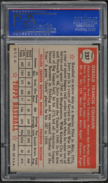 1952 Topps BB Card #237 Jerry Coleman New York Yankees PSA 7 NRMT (MGD2)