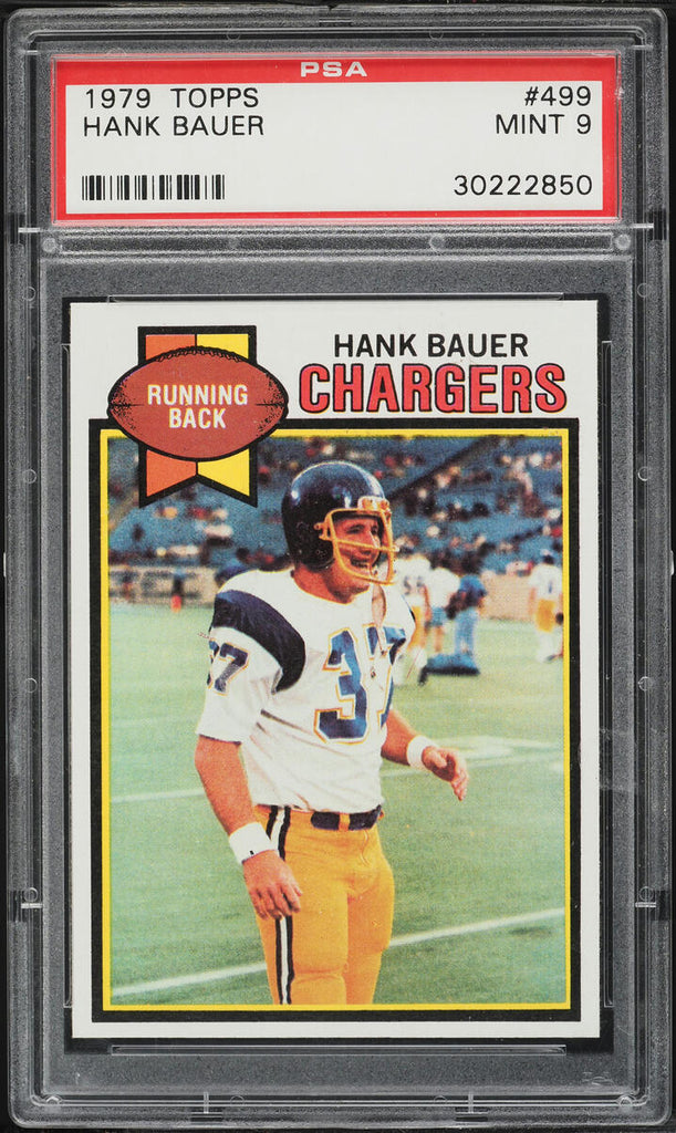 1979 Topps FB Card #499 Hank Bauer San Diego Chargers ROOKIE RC PSA 9 MINT (MGD2)