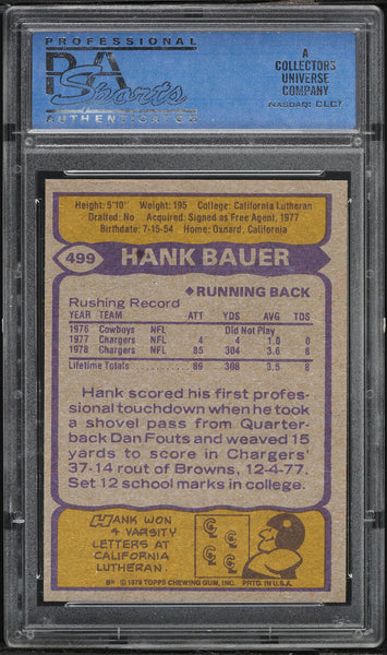 1979 Topps FB Card #499 Hank Bauer San Diego Chargers ROOKIE RC PSA 9 MINT (MGD2)
