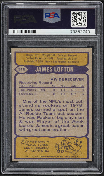 1979 Topps FB Card #310 James Lofton Green Bay Packers HOF ROOKIE RC PSA 8 NM-MT (MGD2)