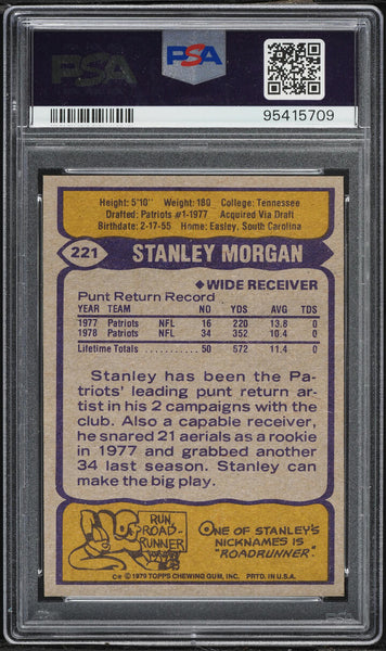 1979 Topps FB Card #221 Stanley Morgan New England Patriots HOF PSA 9 MINT (MGD2)