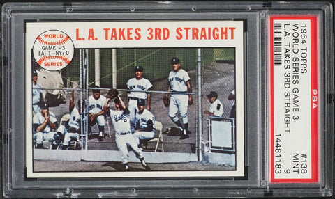 1964 Topps BB Card #138 World Series Game 3 L.A. TAKES 3RD STRAIGHT PSA 9 MINT (MGD2)