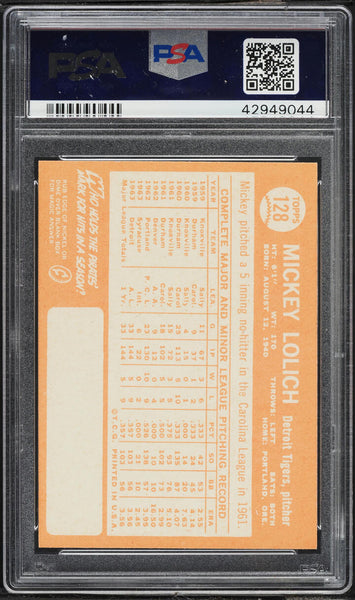 1964 Topps BB Card #128 Mickey Lolich Detroit Tigers ROOKIE RC PSA 8 NM-MT (MGD2)