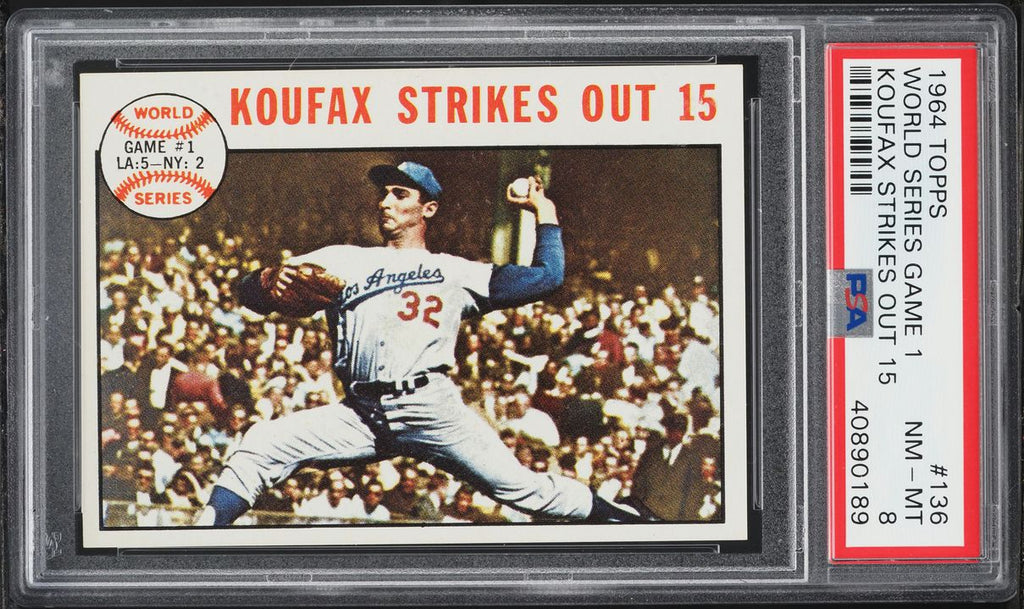 1964 Topps BB Card #136 World Series Game 1 KOUFAX STRIKES OUT 15 PSA 8 NM-MT (MGD2)