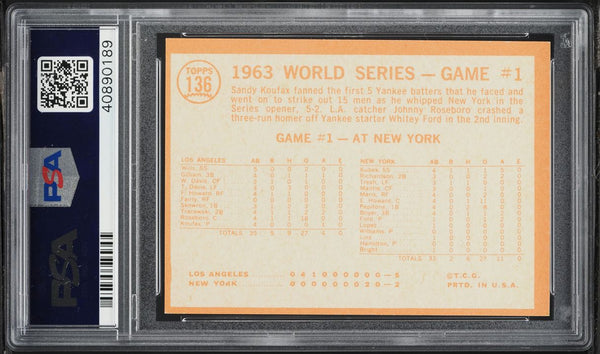 1964 Topps BB Card #136 World Series Game 1 KOUFAX STRIKES OUT 15 PSA 8 NM-MT (MGD2)