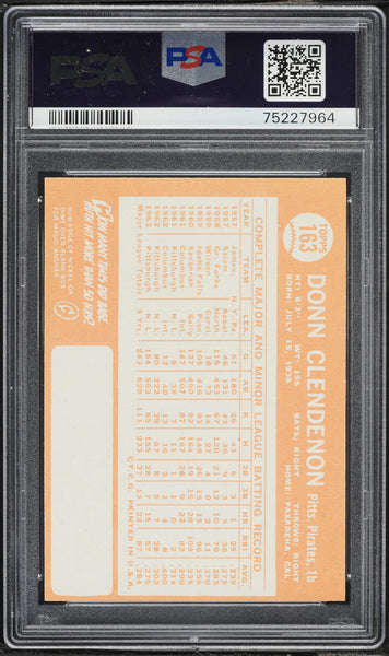 1964 Topps BB Card #163 Donn Clendenon Pittsburgh Pirates PSA 9 MINT (MGD2)