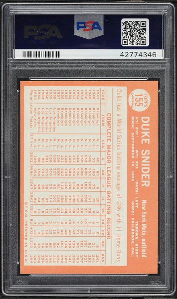 1964 Topps BB Card #155 Duke Snider New York Mets HOF PSA 9 MINT (MGD2)