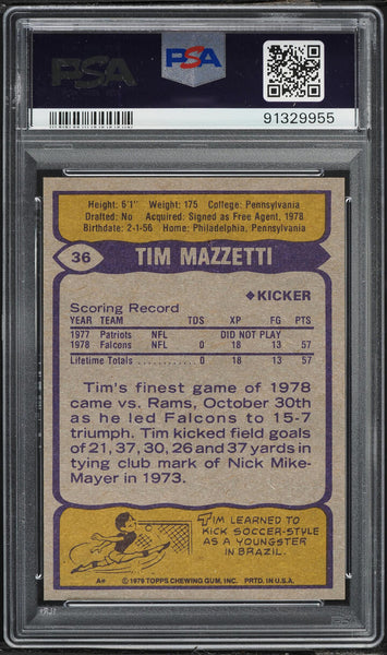 1979 Topps FB Card # 36 Tim Mazzetti Atlanta Falcons ROOKIE RC PSA 10 GEM MINT (MGD2)