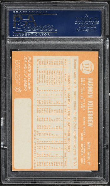 1964 Topps BB Card #177 Harmon Killebrew Minnesota Twins HOF PSA 8 NM-MT (MGD2)