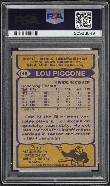 1979 Topps FB Card #148 Lou Piccone Buffalo Bills PSA 10 GEM MINT (MGD2)