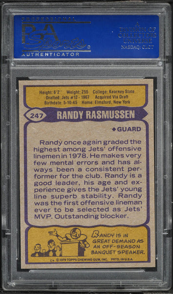 1979 Topps FB Card #247 Randy Rasmussen New York Jets PSA 10 GEM MINT (MGD2)