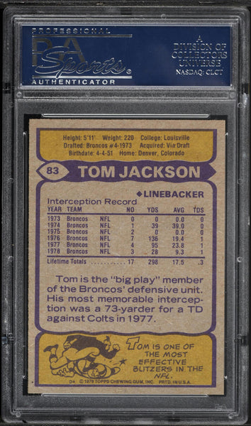 1979 Topps FB Card # 83 Tom Jackson Denver Broncos HOF PSA 10 GEM MINT (MGD2)