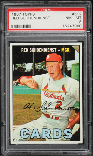 1967 Topps BB Card #512 Red Schoendienst St. Louis Cardinals HOF PSA 8 NM-MT (MGD2)