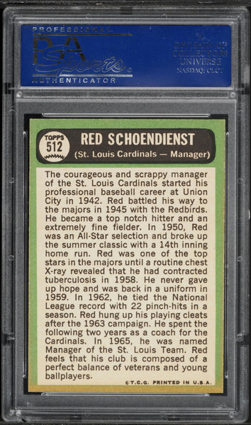 1967 Topps BB Card #512 Red Schoendienst St. Louis Cardinals HOF PSA 8 NM-MT (MGD2)
