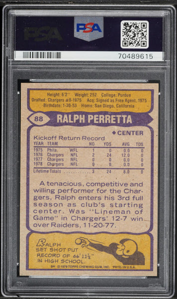 1979 Topps FB Card # 88 Ralph Perretta San Diego Chargers PSA 10 GEM MINT (MGD2)