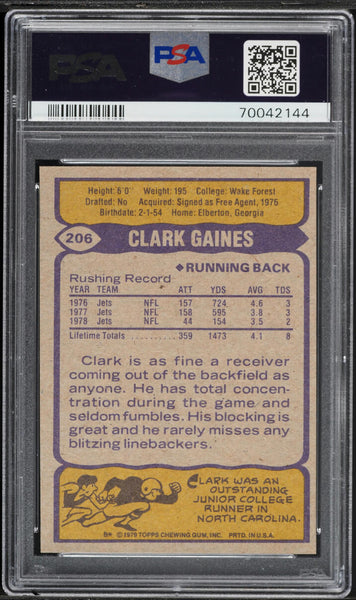 1979 Topps FB Card #206 Clark Gaines New York Jets PSA 10 GEM MINT (MGD2)