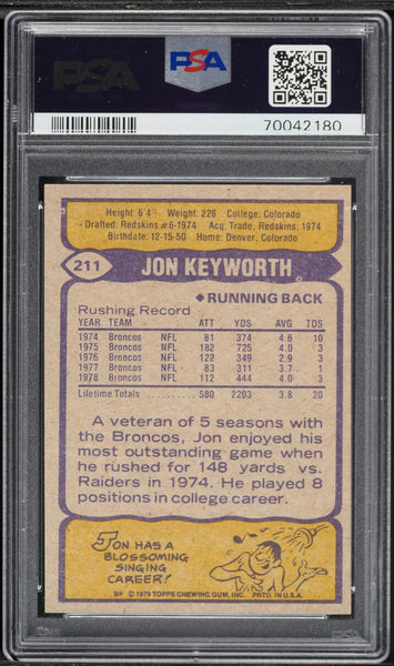 1979 Topps FB Card #211 Jon Keyworth Denver Broncos PSA 10 GEM MINT (MGD2)