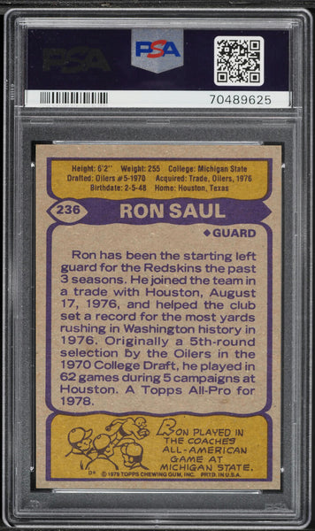 1979 Topps FB Card #236 Ron Saul Washington Redskins ALL-PRO PSA 10 GEM MINT (MGD2)