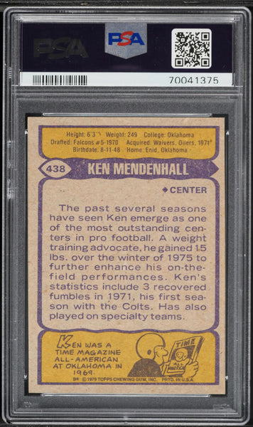 1979 Topps FB Card #438 Ken Mendenhall Baltimore Colts PSA 10 GEM MINT (MGD2)