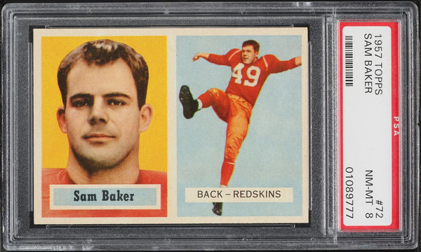 1957 Topps FB Card # 72 Sam Baker Washington Redskins ROOKIE RC PSA 8 NM-MT (MGD2)