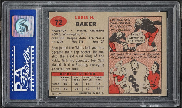 1957 Topps FB Card # 72 Sam Baker Washington Redskins ROOKIE RC PSA 8 NM-MT (MGD2)