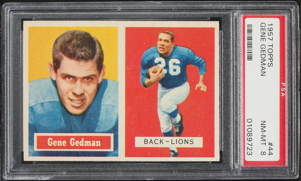 1957 Topps FB Card # 44 Gene Gedman Detroit Lions ROOKIE RC PSA 8 NM-MT (MGD2)