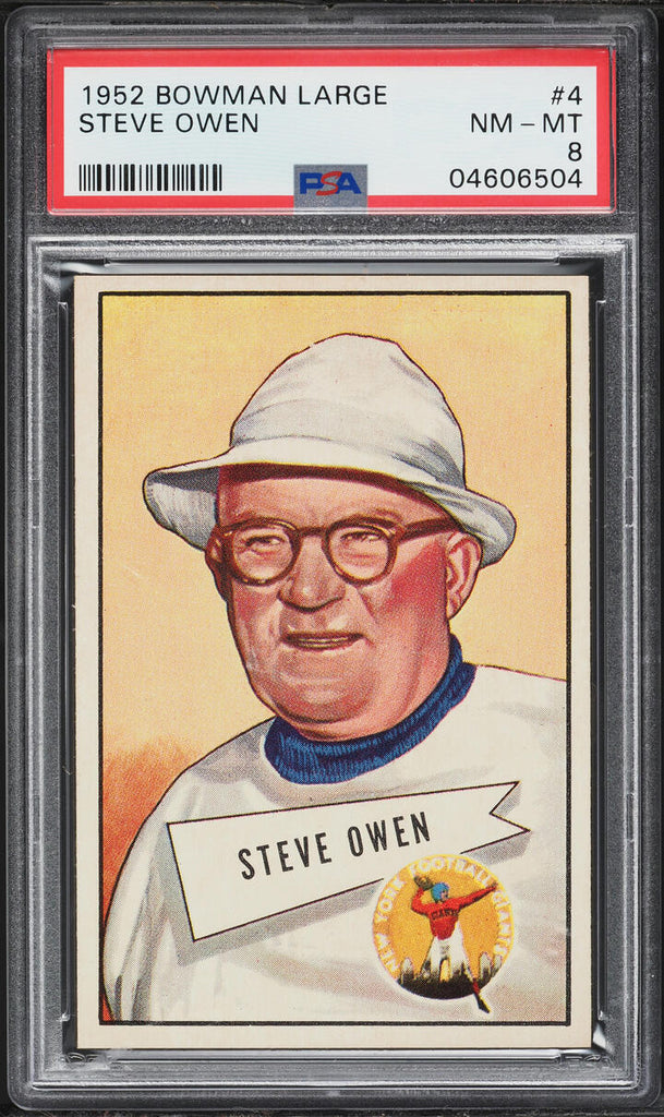 1952 Bowman Large FB Card # 4 Steve Owen New York Giants HOF PSA 8 NM-MT (MGD2)