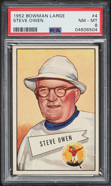1952 Bowman Large FB Card # 4 Steve Owen New York Giants HOF PSA 8 NM-MT (MGD2)