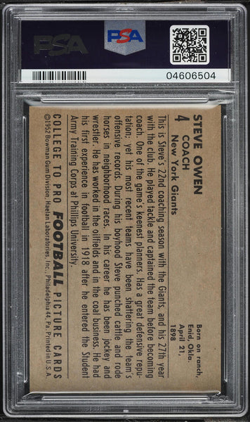 1952 Bowman Large FB Card # 4 Steve Owen New York Giants HOF PSA 8 NM-MT (MGD2)